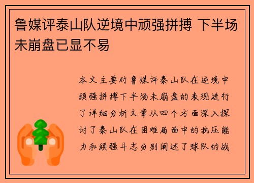 鲁媒评泰山队逆境中顽强拼搏 下半场未崩盘已显不易