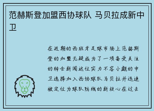 范赫斯登加盟西协球队 马贝拉成新中卫