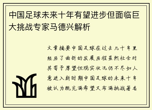 中国足球未来十年有望进步但面临巨大挑战专家马德兴解析